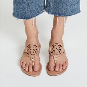 Tory Burch Miller Logo Leather Thong Sandals Light Sand Size 10.5